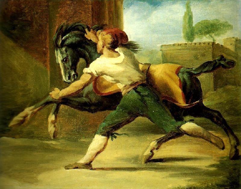 Theodore   Gericault palefrenier retenant un cheval oil painting image
